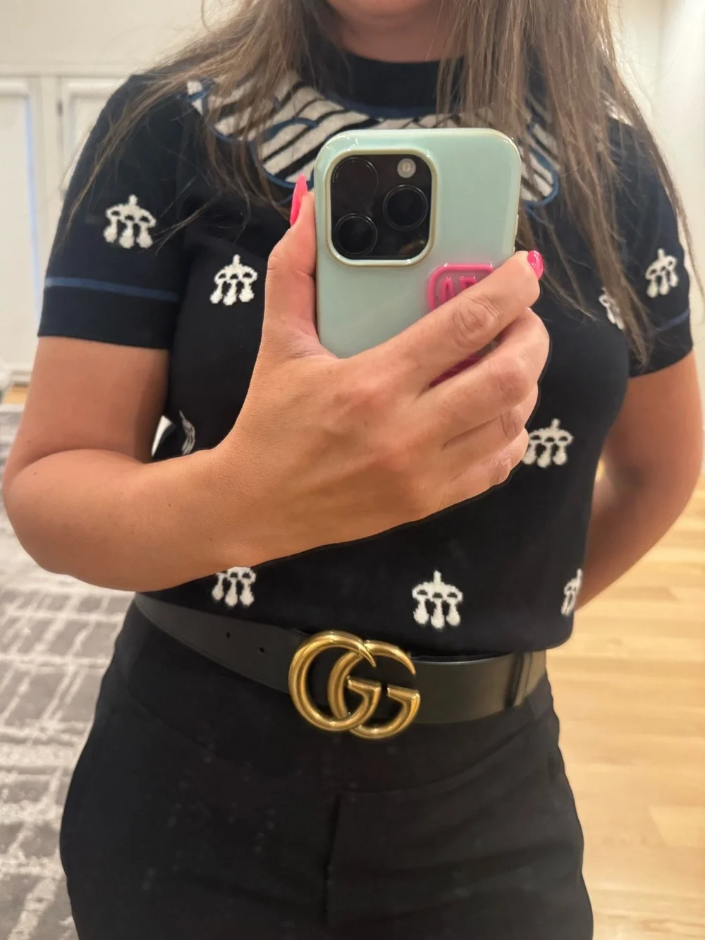 Gucci Black Leather Marmont Belt with Antique Gold Double GG Buckle